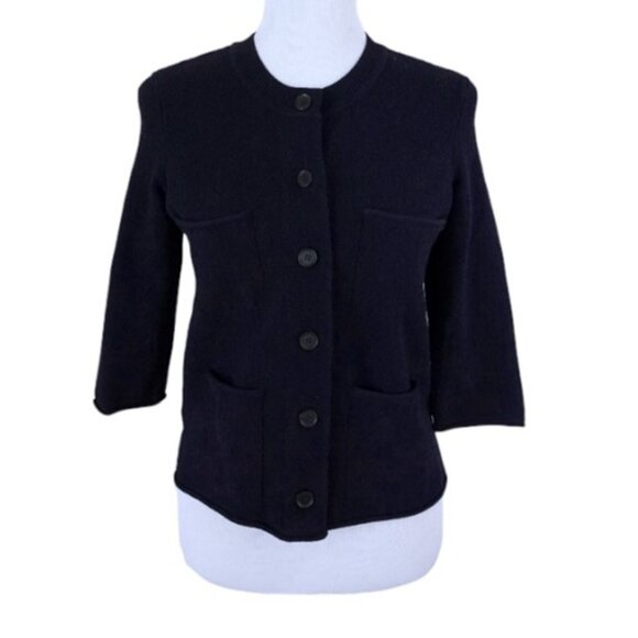 Ann Taylor navy blue quarter sleeves textured blazer/cardigan sweater size L - Picture 1 of 6